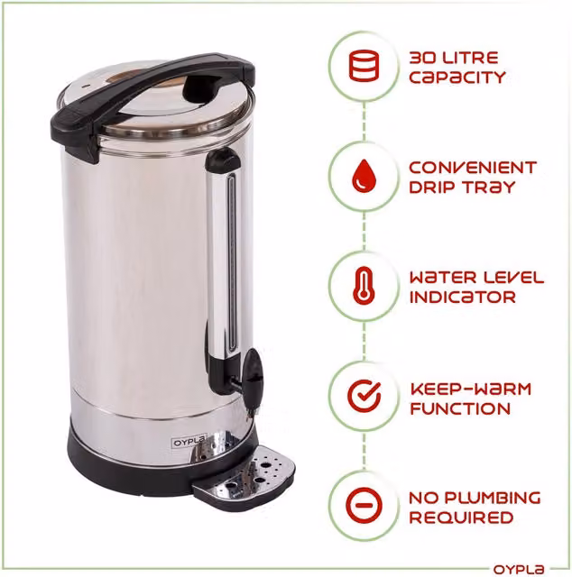 Oypla 30L Electrical Catering Hot Water Boiler in Silver Stainless Steel
