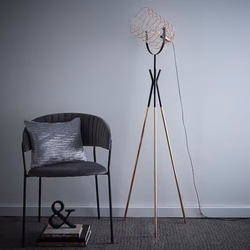 K LIVING Fulton Tripod Floor Lamp in Copper and Black Metal