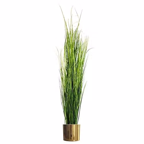 Leaf Design UK Realistic Artificial Grass Plant in Gold and Green Pot, H 50 cm x W 50 cm x D 50 cm