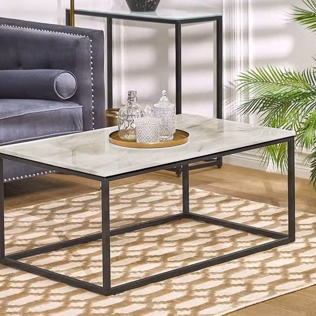 Wyld and Coco Beige Marble-Effect Rectangular Coffee Table with Black Metal Legs W/D/H: 100 x 60 x 45 cm – 1