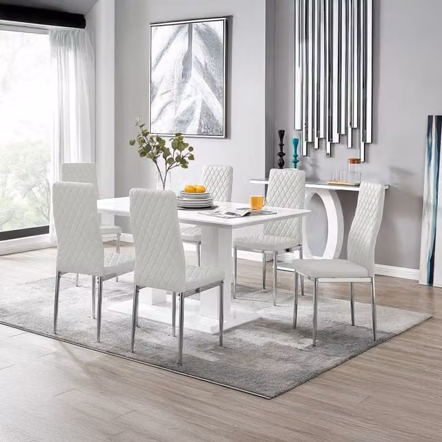 FurnitureboxUK Imperia High Gloss Rectangular Dining Table and 6 Milan Faux Leather Chairs Set in White