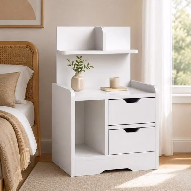 STILVORA Modern Glossy White Bedside Table with 2 Drawers and Shelves