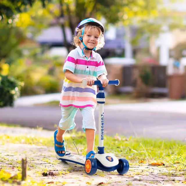 Costway Foldable Height Adjustable Kids Kick Scooter with Light and Sound in White and Multicolour