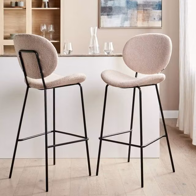 Wyld and Coco Set of 2 Light Beige Boucle Armless Bar Chairs with Metal Legs