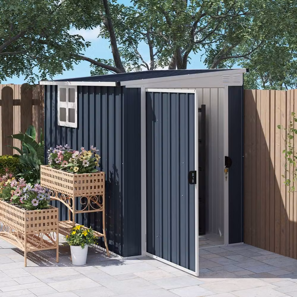 Rolipo Metal Pent Garden Shed with Window and Lockable Door, Dark Grey, W/D/H: 121.92 x 117.0 x 182.88 cm – 3