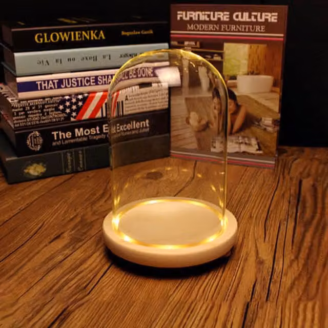 Livingandhome Decorative Round Glass Dome with White Wooden Base, Diameter: 9 cm, Height: 15 cm