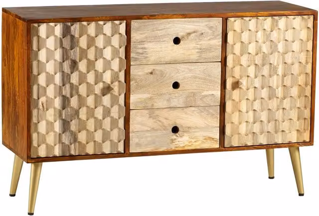 IH Design Retro Geometric Large Sideboard with 2 Doors and 3 Drawers in Brown Matt Wood and Metal