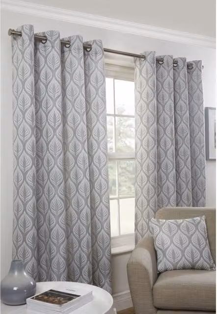 NewEdgeBlinds Modern Floral Eyelet Curtains in Silver, White and Grey, Height: 183 cm