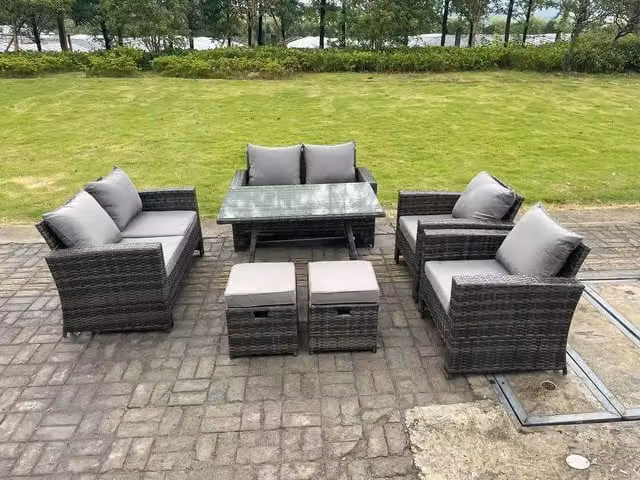 Fimous 8 Seater Dark Grey Rattan Outdoor Dining Set with High Back Sofa, Chairs and 2 Stools