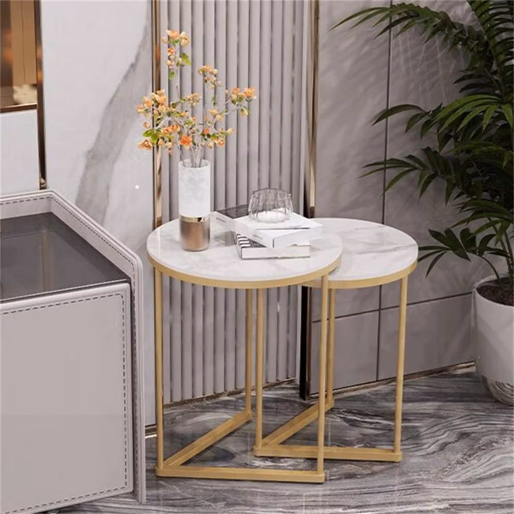 NESTLUNE Set of 2 Round White Slate Top Sofa Side End Tables with Sled Base – 4