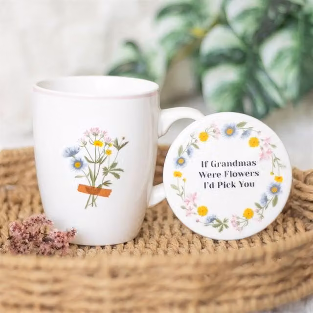 KDMK Grandma's Blooming Love Floral Ceramic Mug and Coaster Set, White