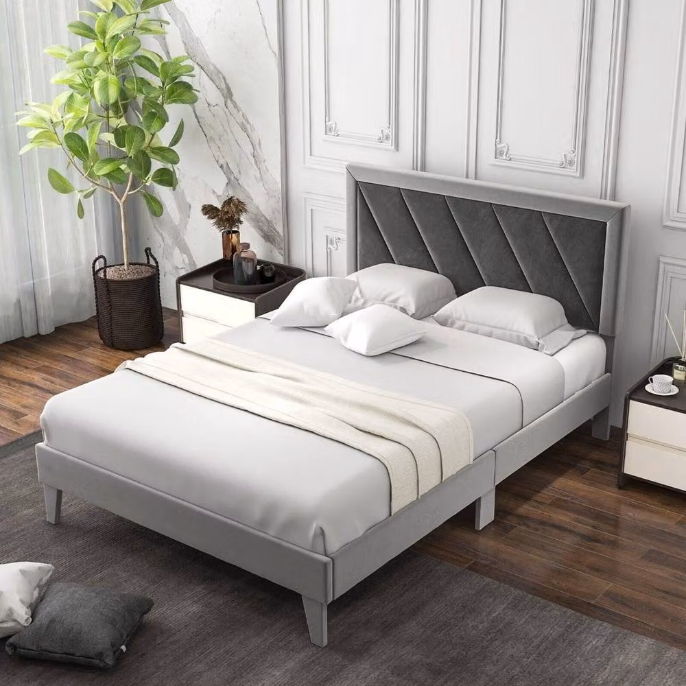 Kelvenix Double Velvet Upholstered Platform Bed Frame in Grey, W: 140 cm, D: 200 cm – 5
