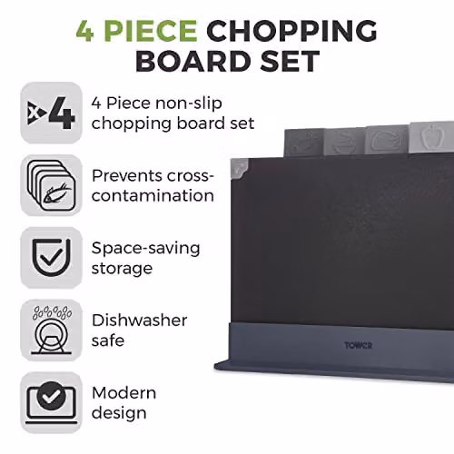 Tower 4 Piece Rectangular Chopping Board Set with Non-Slip Silicone Feet in Black and Brown – 2