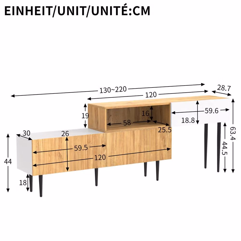 BTM Adjustable Modular TV Stand in White Wood Look with Matt Finish – 3
