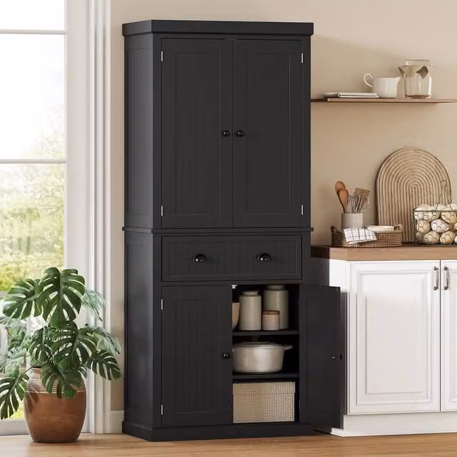 HOMCOM Black Freestanding Kitchen Storage Cabinet with Drawers, Cupboards and Shelves – 1
