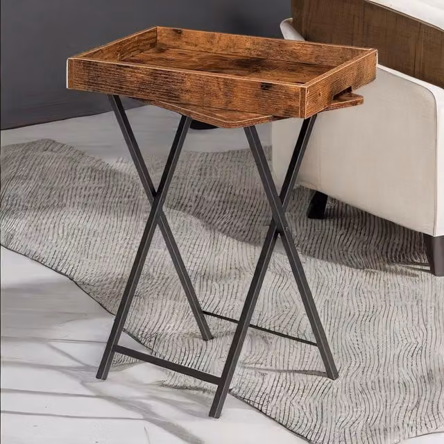Rafaelo Mobilia Brown Folding TV Tray Table with Wood and Metal X-Frame Design – 1