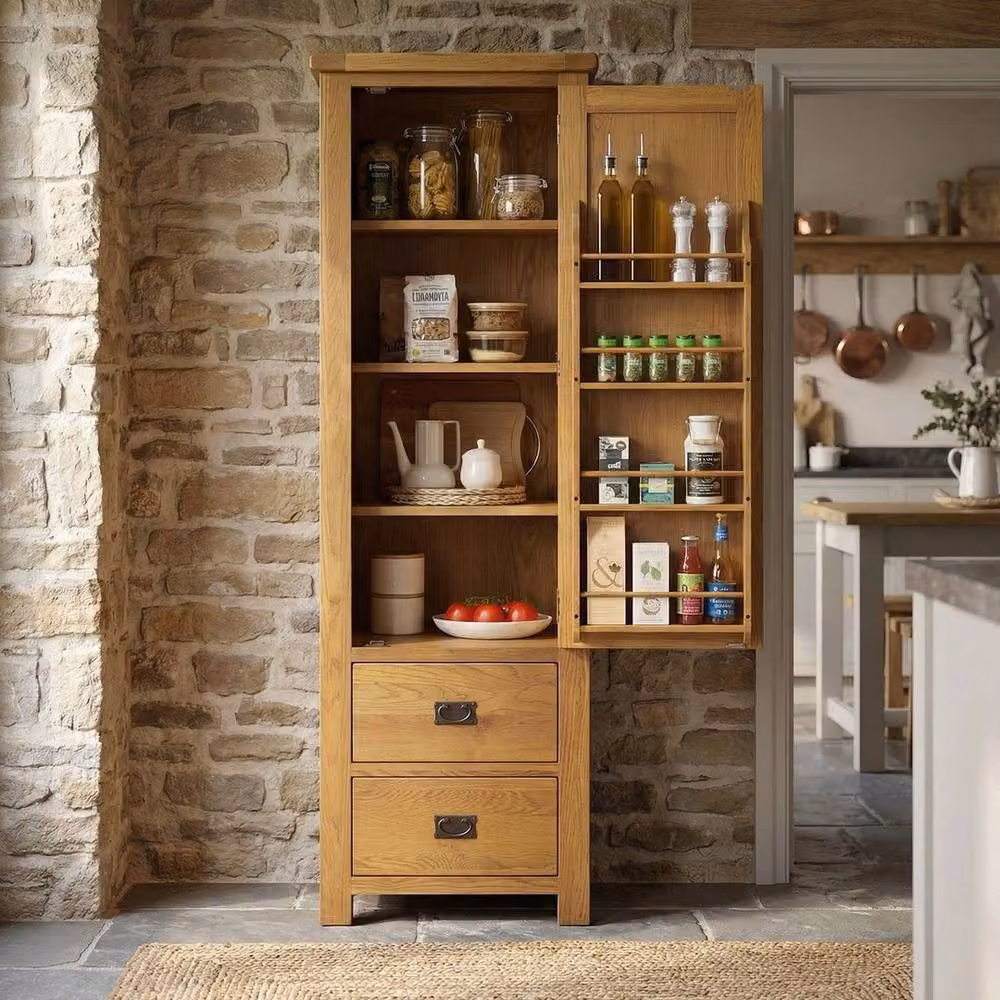 FORGEVIO Rustic Oak Pantry Cupboard in Brown and Black with Hinged Doors and Internal Shelves – 4