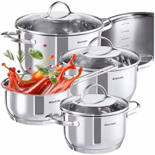 tectake Bologna 7-Piece Stainless Steel Saucepan and Pot Set with Glass Lids in Silver – 1