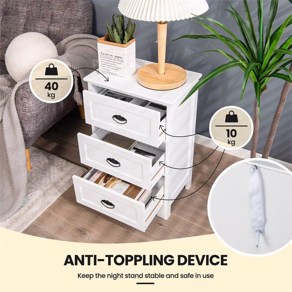 NESTLUNE Vintage 3-Drawer Wood Bedside Table and Accent Nightstand in White – 5