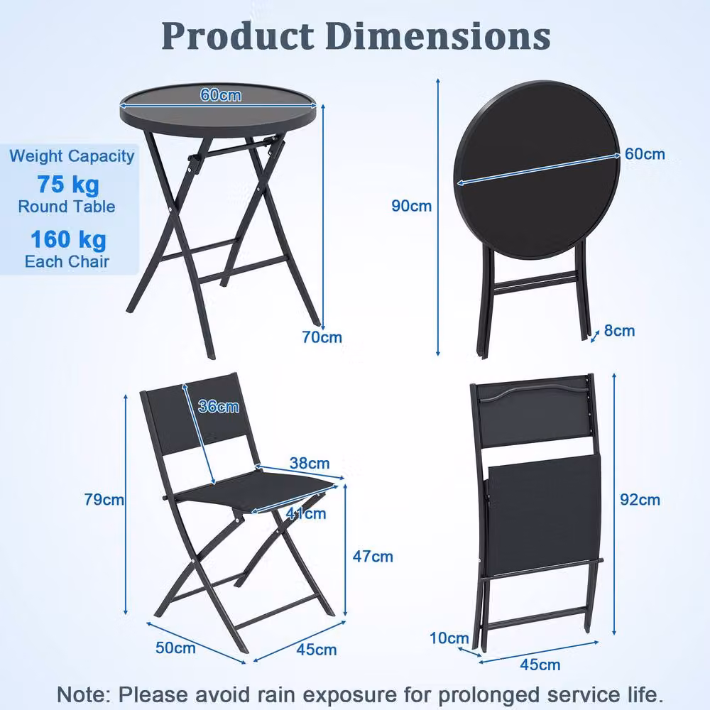 Costway 3 Piece Folding Bistro Set with Metal Frame and Glass Top in Matt Black – 2