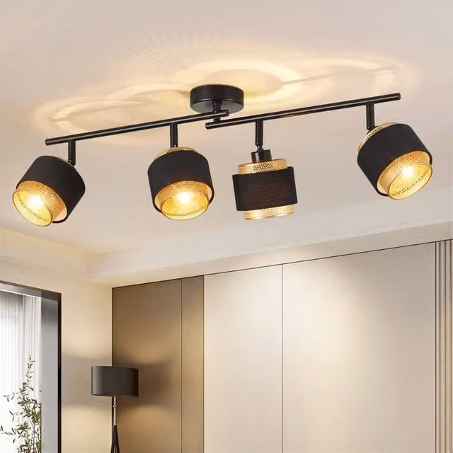 Harper Living 4 Way Modern Ceiling Track Lighting, Black and Gold/Brass, Adjustable Metal Mesh and Fabric Shade, 4 x E14 Max 40W – 1