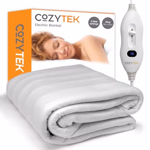 Cozytek King Size White Polyester Electric Under Blanket with 3 Heat Settings and Detachable Control, W/D/H: 180 x 200 cm