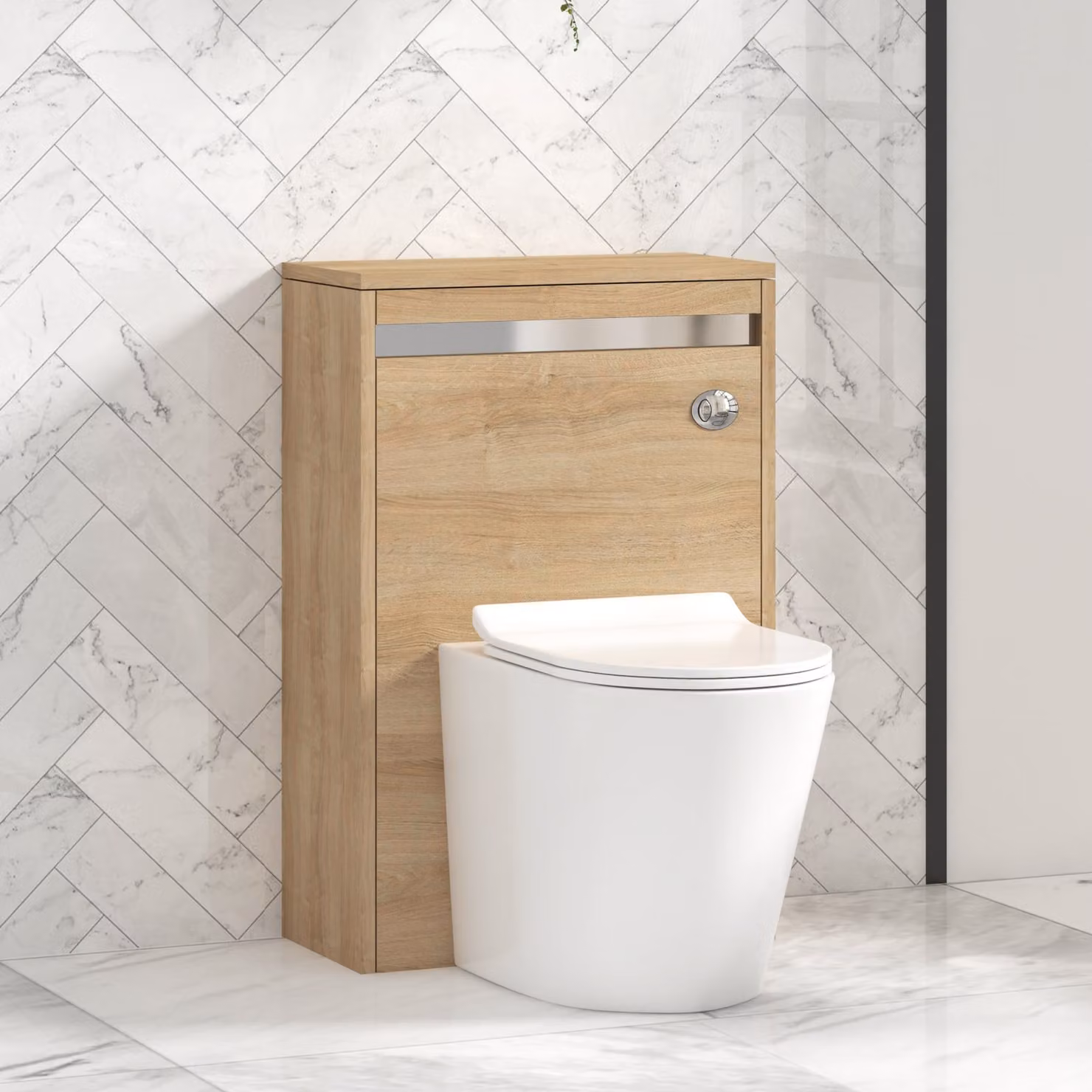 Royal Bathrooms Orion Natural Oak Wall Mounted WC Unit with Cesar Rimless Ceramic Toilet Pan, Slim Seat and Cistern, Width: 54 cm