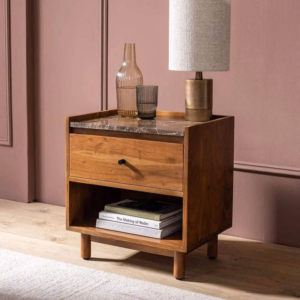 Atkin and Thyme Brera Marble Bedside Table in Brown with Acacia Wood and Metal Details