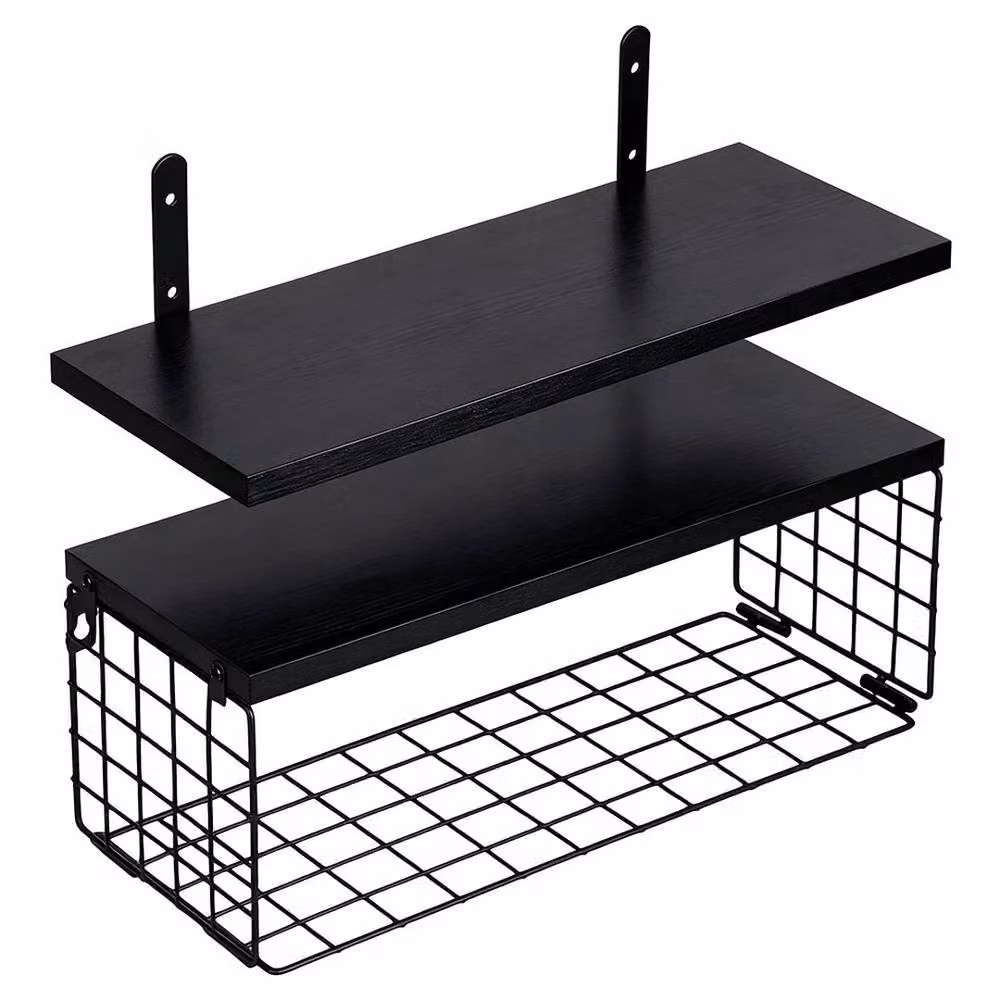 Kelvenix Black Industrial Wall Mounted Floating Storage Shelves with 2 Shelves and 1 Basket – 3