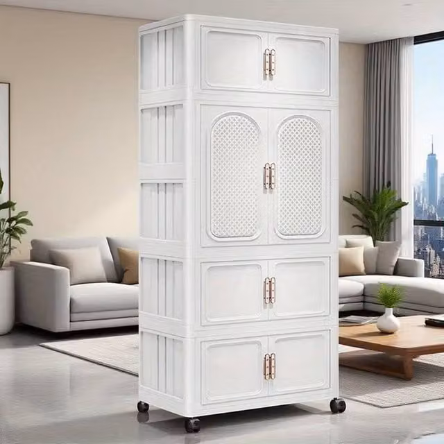 FORGEVIO 4-Tier Foldable Clothes Storage Wardrobe Organiser in White Plastic – 1