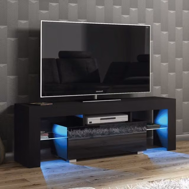 Mex Furniture LTD Modern Glossy Black TV Unit with LED Lighting, W: 130 cm, D: 35 cm, H: 45 cm – 1