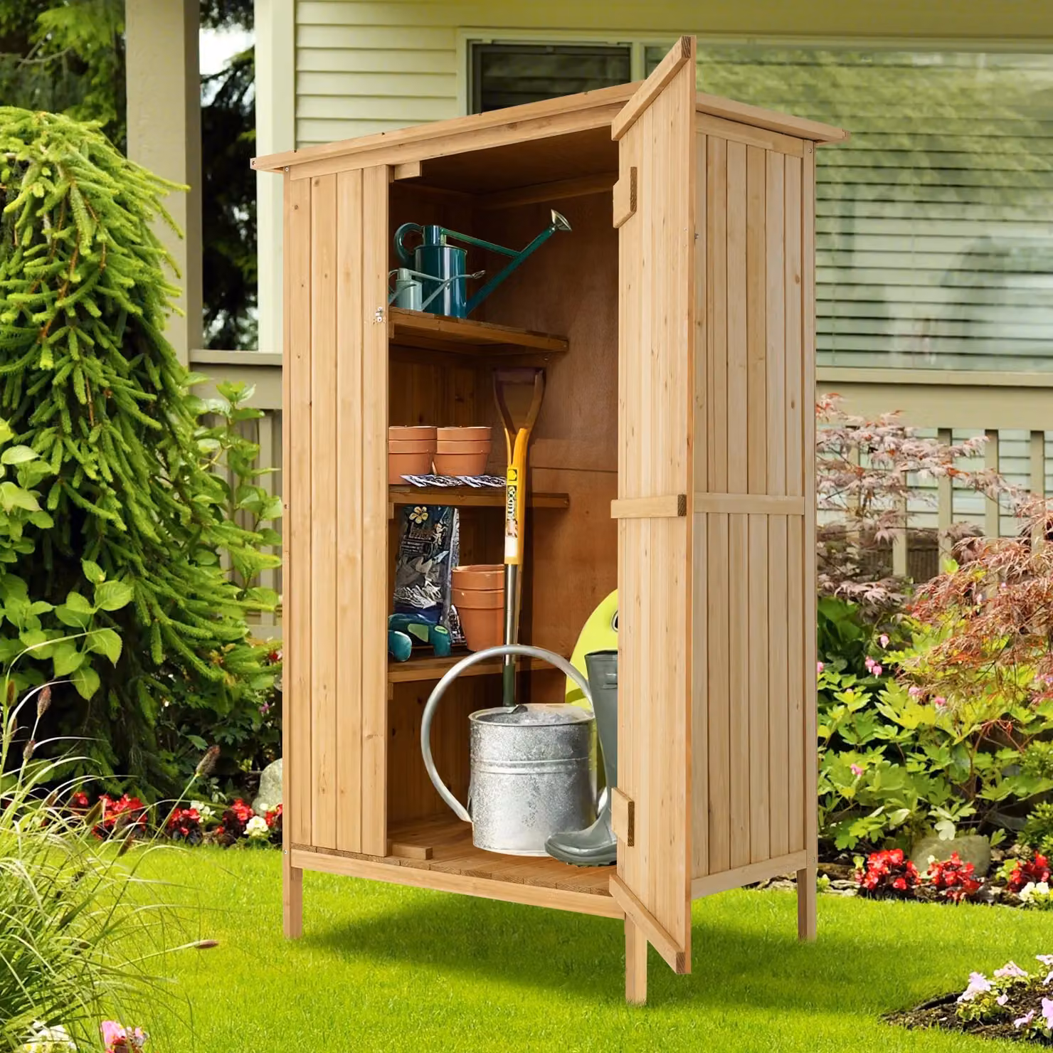 Gymax Natural Wood Tall Cabinet with Shelving and Lock, Rustic Brown Freestanding Storage, H: 152.4 cm x W: 91.44 cm x D: 42.7 cm – 4