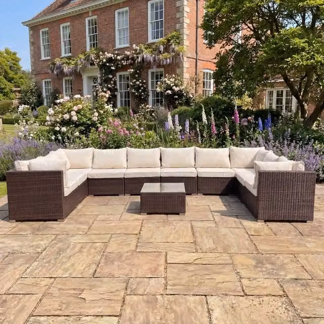 Rosewood & Stone Home Stowe 10 Seat Large U-Shape Modular Garden Furniture Set in Beige and Brown
