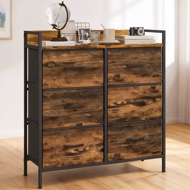 ERGOVEXA Rustic Chest of Six Fabric Drawers in Brown – 1