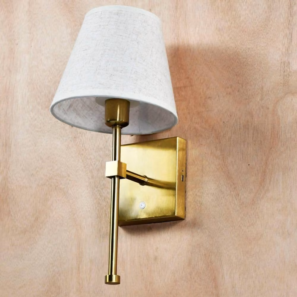 First Choice Lighting Horrace Rechargeable LED Wall Light with Fabric Shade in Gold/Brass, H: 36.5 cm, W: 17.0 cm, D: 17.0 cm – 2