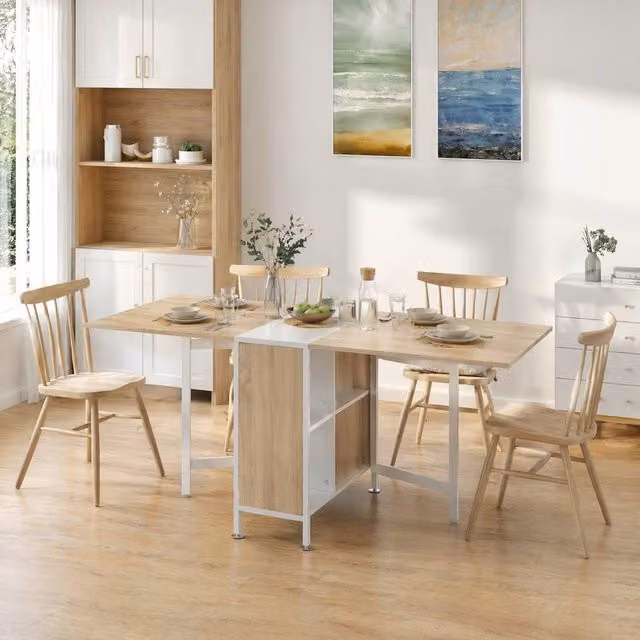 STILVORA Drop Leaf Dining Table with Storage in Light Oak