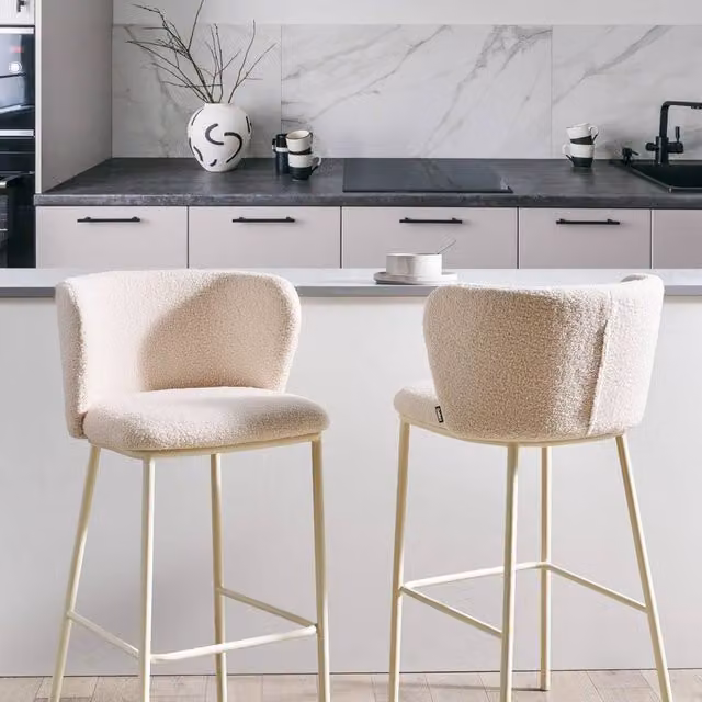 Wyld and Coco Beige Bouclé Bar Chairs Set of 2 with Armrests and Metal Legs – 1