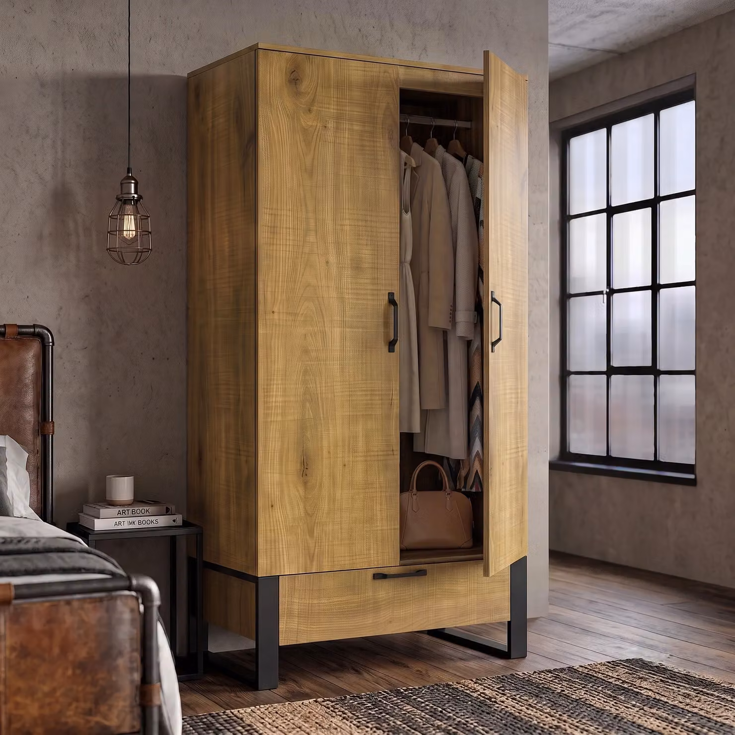 Rustvale Industrial 2 Door Wardrobe with Drawer and Hanging Rail in Brown and Black, H 185 x W 90 x D 54 cm