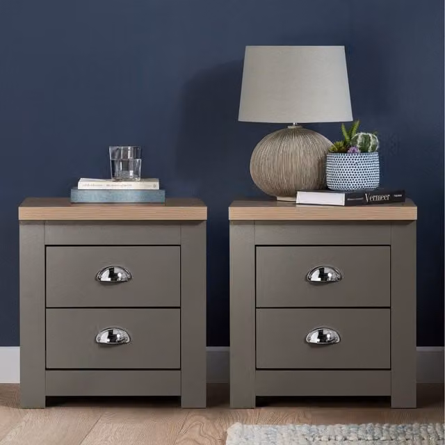 Birlea Highgate Pair of 2 Drawer Bedside Tables in Dark Grey and Oak Wood
