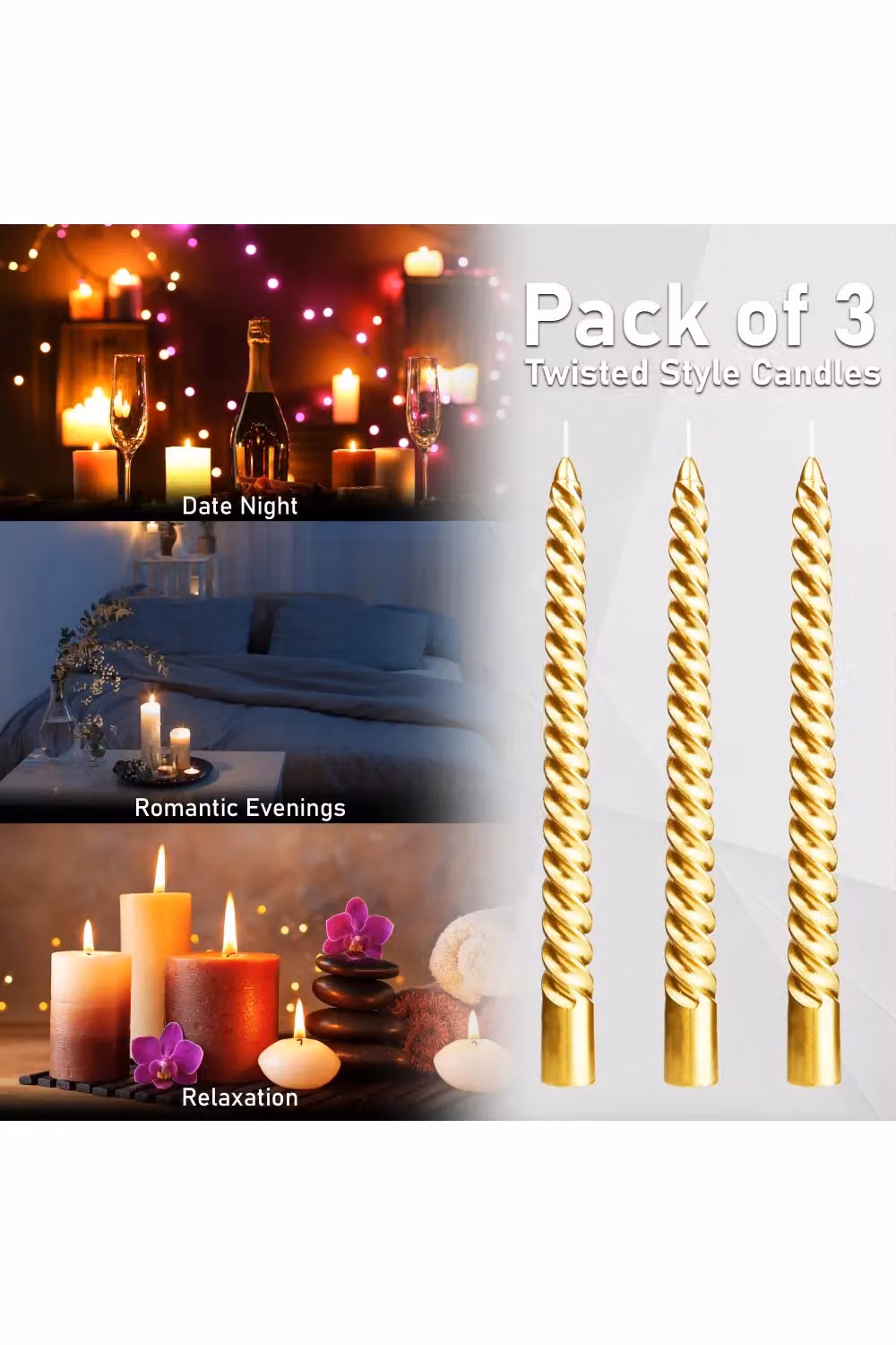 Deco Express Non Scented Twisted Non Drip Dinner Candles, Pack of 3, Gold – 5