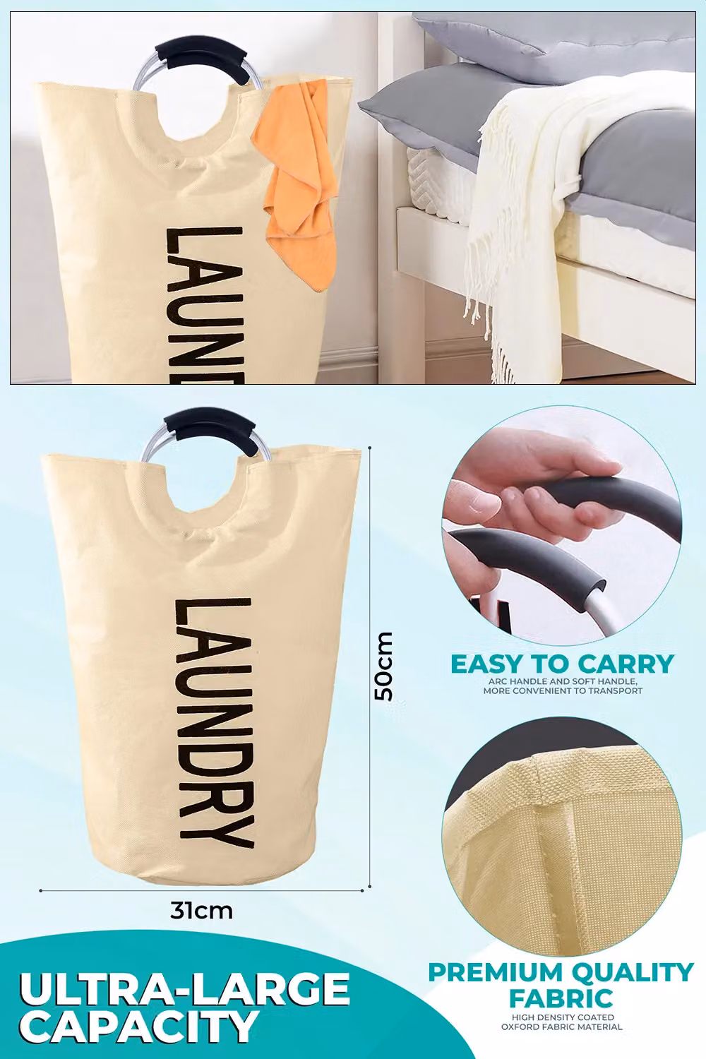 Neel Blue 40L Collapsible Laundry Basket with Padded Handles in Beige – 2