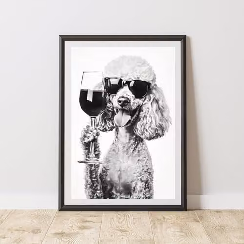 60 Second Makeover Funny Poodle Drinking Wine Paper Poster, Black and White, A3