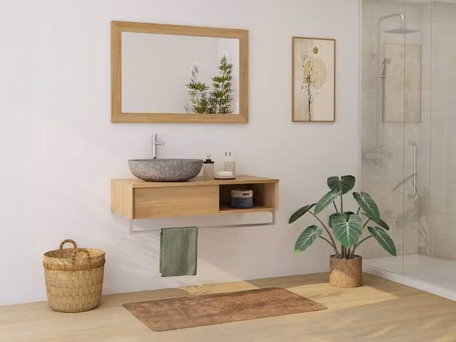 Vente-unique Kupang Suspended Teak Vanity Unit with Towel Rail in Light Oak Brown, Width: 105 cm – 1