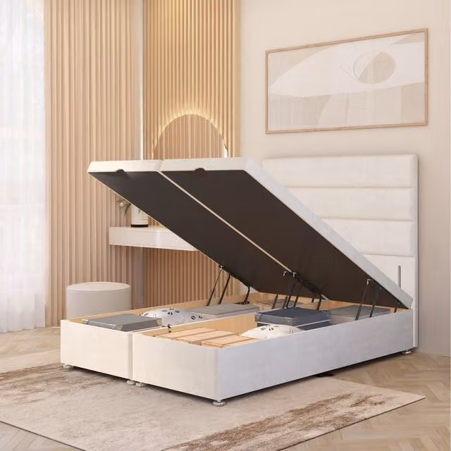 Horizona Superking Storage Ottoman Bed with Lift Up Base and 54 Inch Floor Standing Headboard in Ivory Velvet