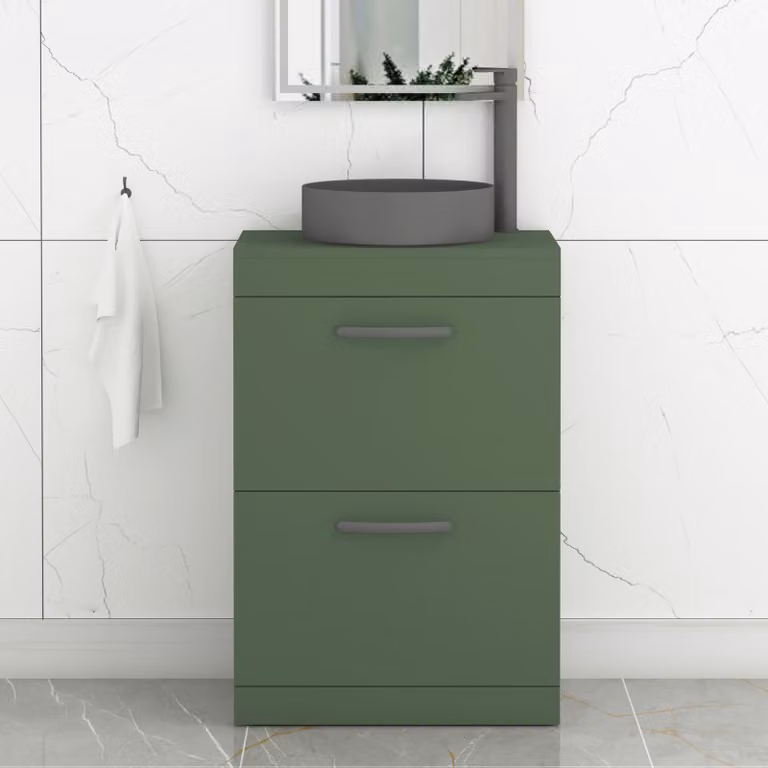 Royal Bathrooms Turin 500mm Floor Standing 2 Drawer Vanity Unit in Matt Green with Art Round Countertop Basin and Matt Black Handles
