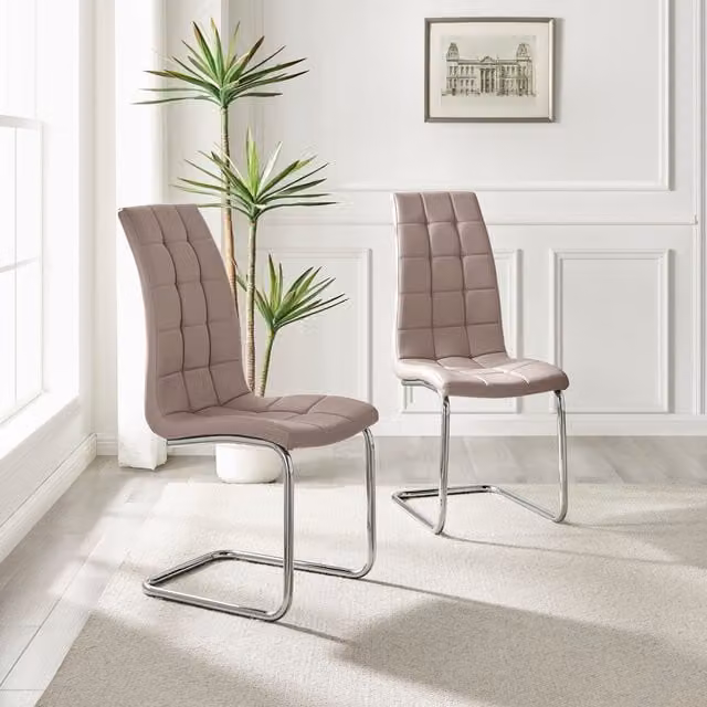 FurnitureboxUK Set of 2 Murano Modern Dining Chairs in Beige Faux Leather with Silver Chrome Metal Cantilever Legs