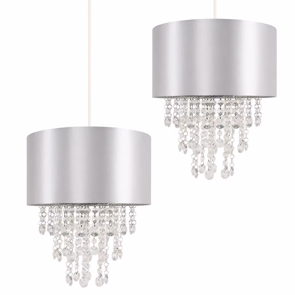 MiniSun Set of 2 Modern Grey Ceiling Pendant Light Shades with Clear Acrylic Jewel Effect Droplets, Width: 32 cm – 2