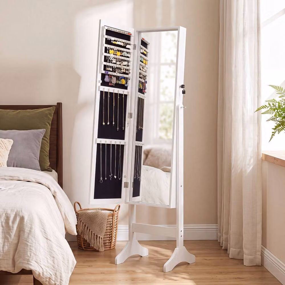 Costway Freestanding Jewelry Armoire Cabinet with Full Length Mirror and Lock in White – 3