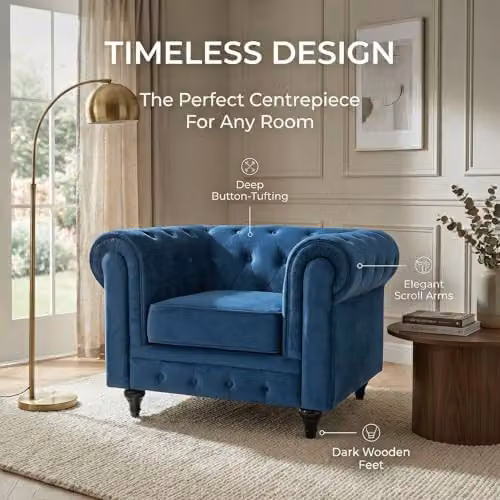 Bravich Velvet Chesterfield Armchair in Blue, W/D/H: 110 x 90 x 78 cm – 3