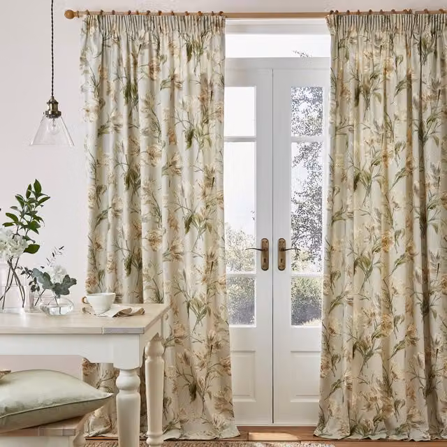 Laura Ashley Gosford Floral Cotton Ready Made Curtains in Green, Beige and Multicolour
